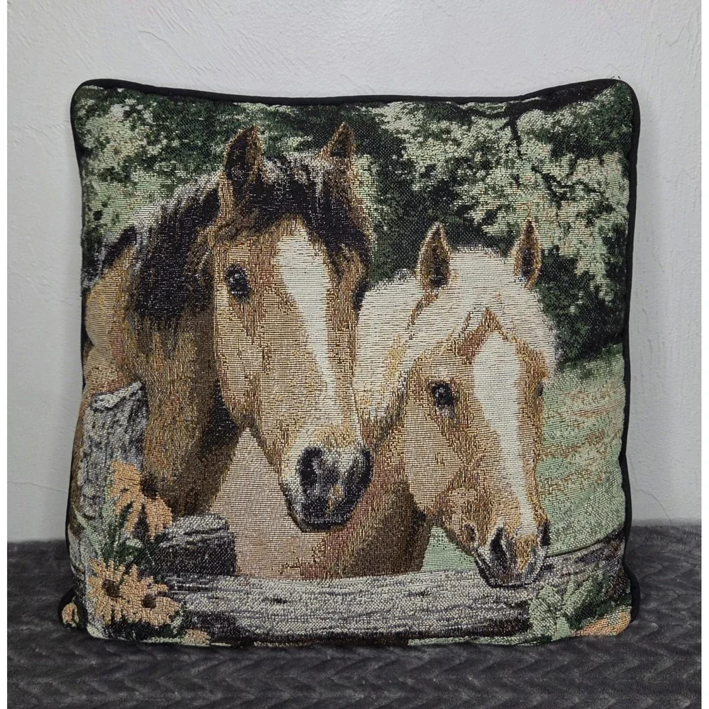 Vintage Two Horses Linda Picken Tapestry Throw Pillow Equestrian Cottage Signed